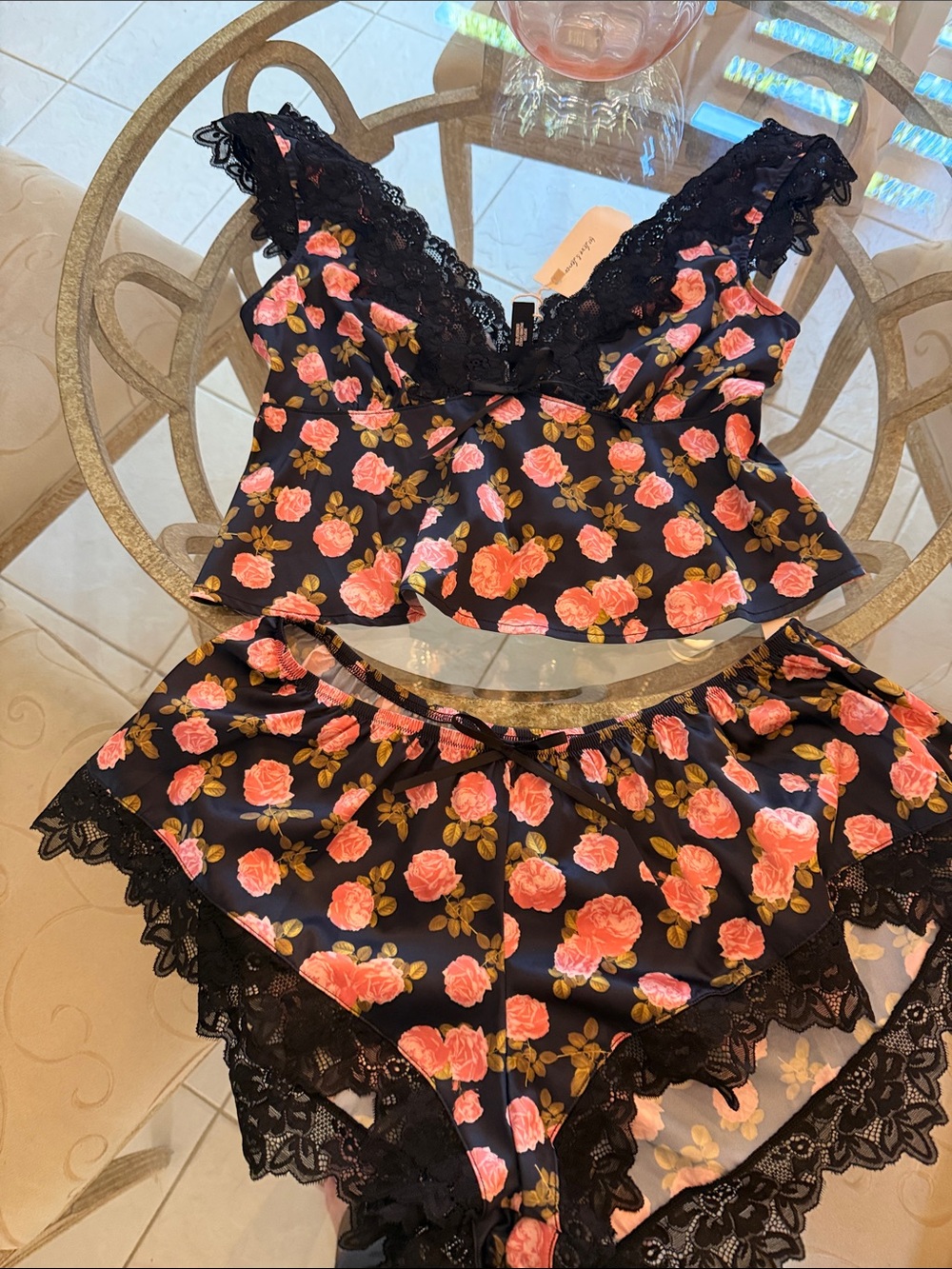 For Love And Lemons Black Floral Lace Bralette & Shorts Set